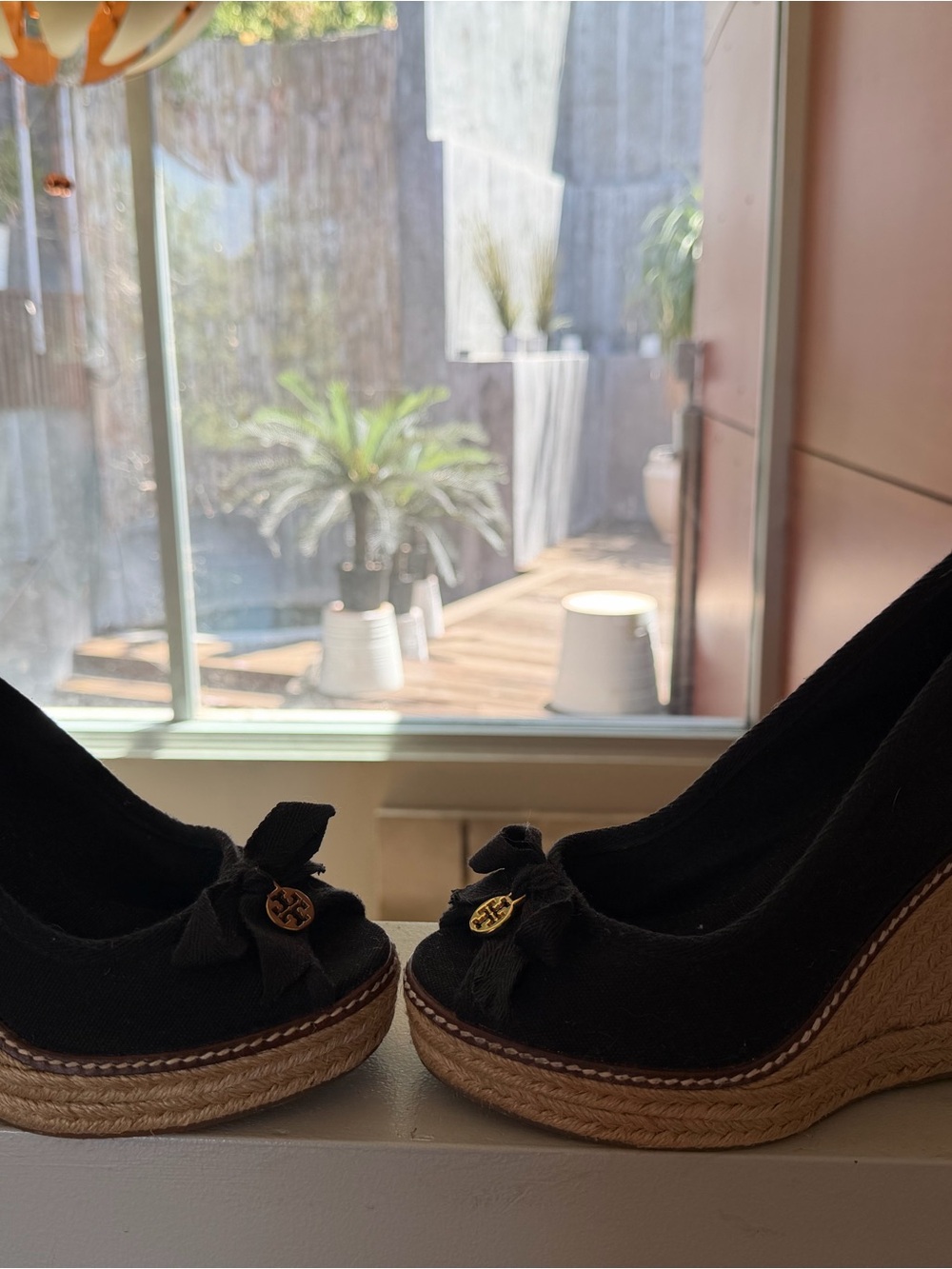 Tory Burch Black Canvas Espadrille Wedges with Gold Logo Charm - Picture 6 of 7